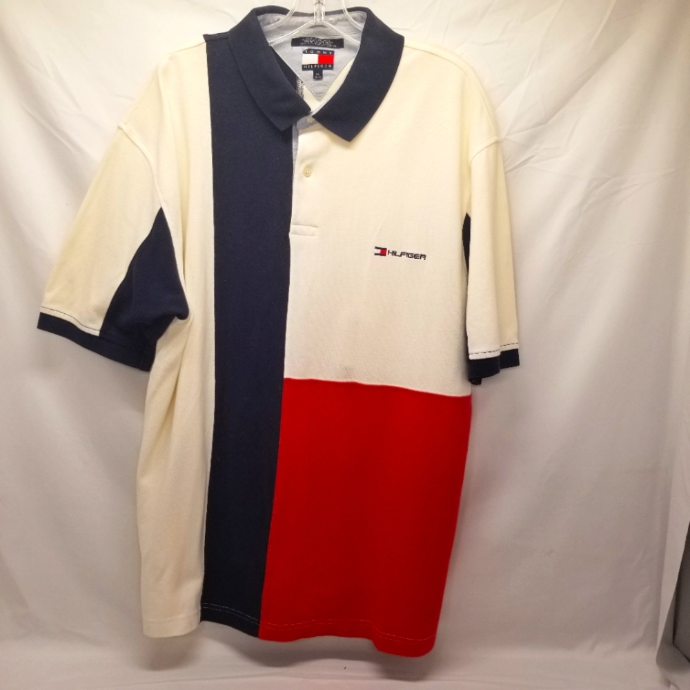 Tommy Hilfiger Mens Size XL Vintage Y2K Polo Big Flag Colorblock Short Sleeve